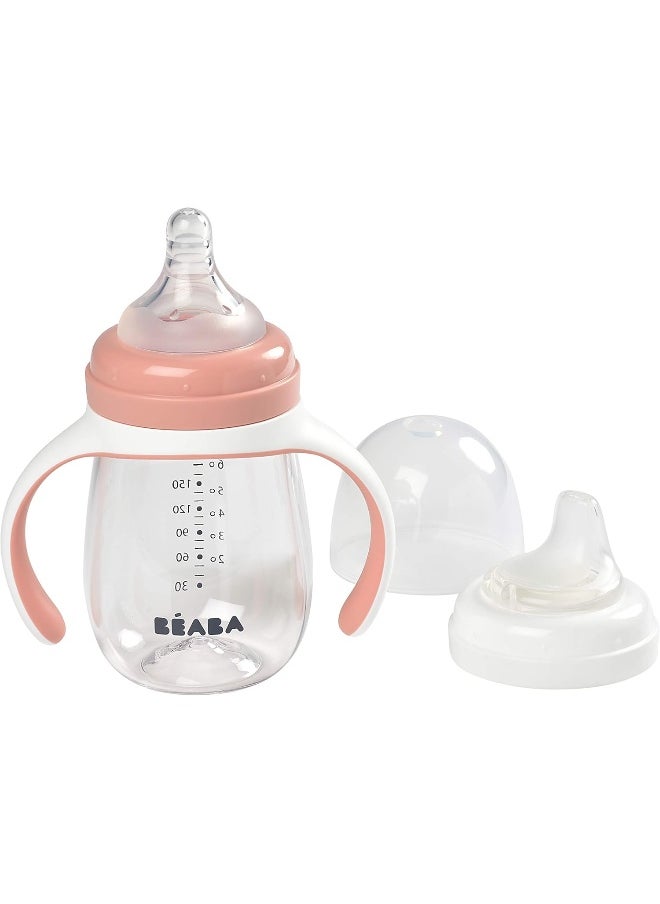 Béaba 2-in-1 Bottle to Sippy Learning Sippy Cup with Bottle and Soft Silicone Spout, 7 oz (Rose)
