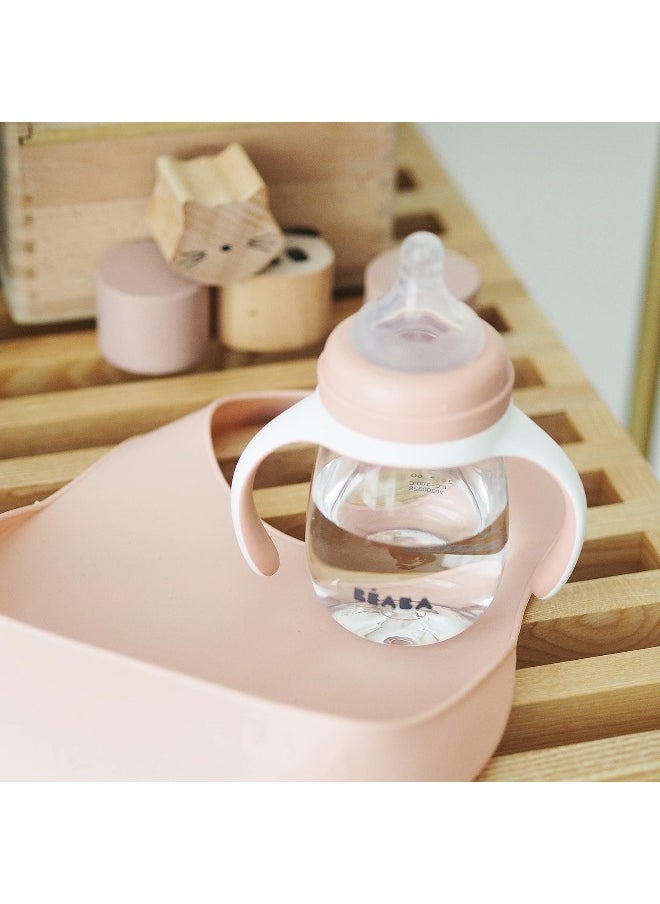 Béaba 2-in-1 Bottle to Sippy Learning Sippy Cup with Bottle and Soft Silicone Spout, 7 oz (Rose)