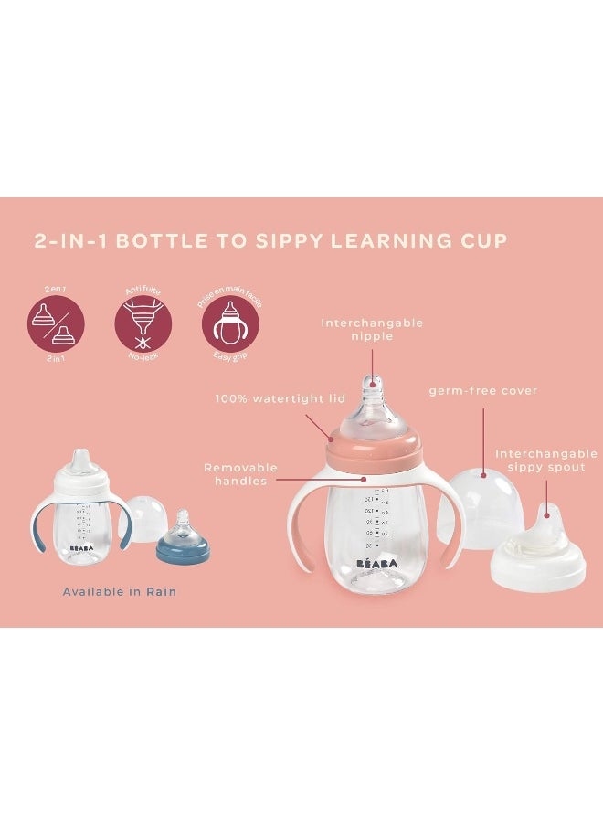 Béaba 2-in-1 Bottle to Sippy Learning Sippy Cup with Bottle and Soft Silicone Spout, 7 oz (Rose)