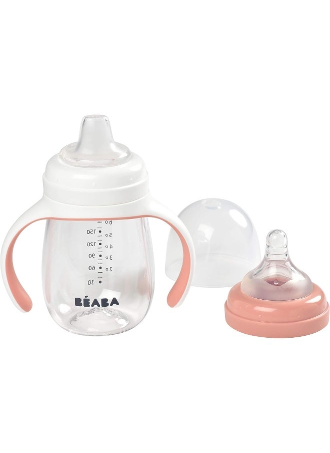 Béaba 2-in-1 Bottle to Sippy Learning Sippy Cup with Bottle and Soft Silicone Spout, 7 oz (Rose)