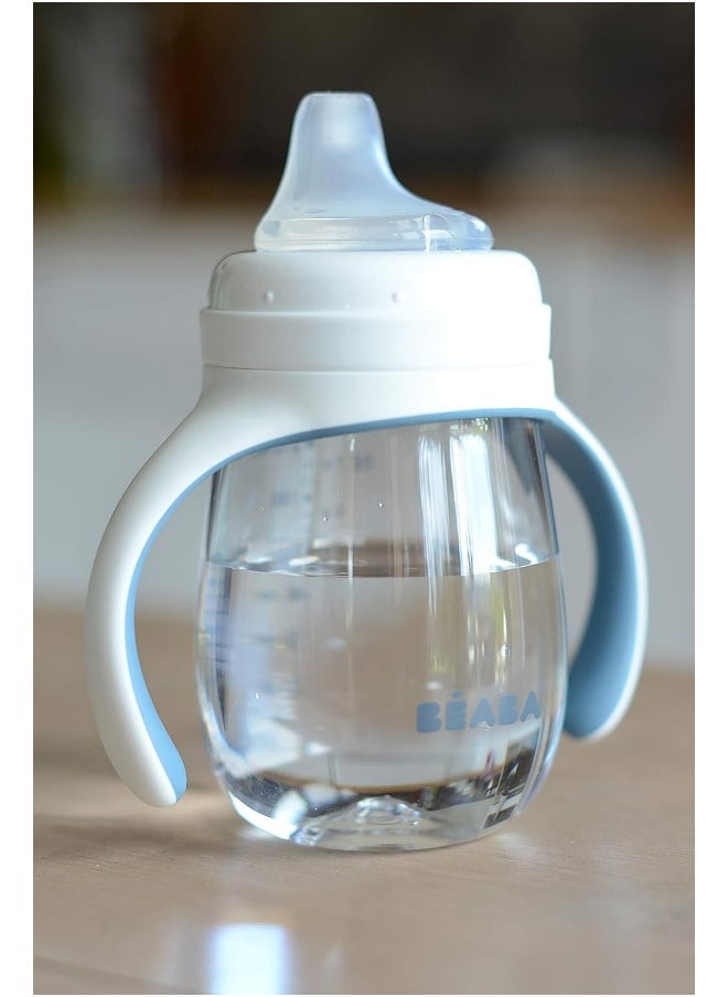Béaba 2-in-1 Bottle to Sippy Learning Sippy Cup with Bottle and Soft Silicone Spout, 7 oz (Rain)
