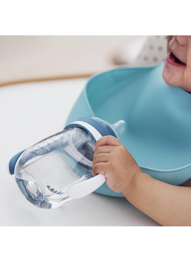 Béaba 2-in-1 Bottle to Sippy Learning Sippy Cup with Bottle and Soft Silicone Spout, 7 oz (Rain)