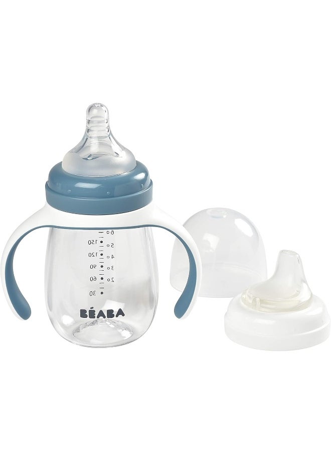 Béaba 2-in-1 Bottle to Sippy Learning Sippy Cup with Bottle and Soft Silicone Spout, 7 oz (Rain)