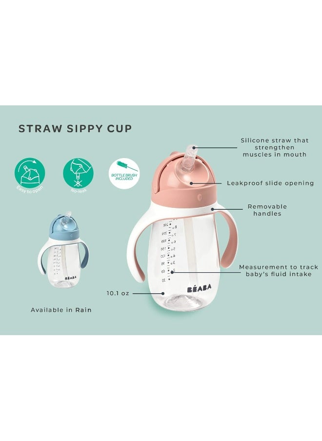 Béaba Straw Sippy Cup, Sippy Cup with Removable Handles, Sippy Cup with Straw, Baby Straw Cup, Toddler Cup for Toddlers 1-3 Years, Toddler Straw Cups, 8+ months, 10 oz, Rose