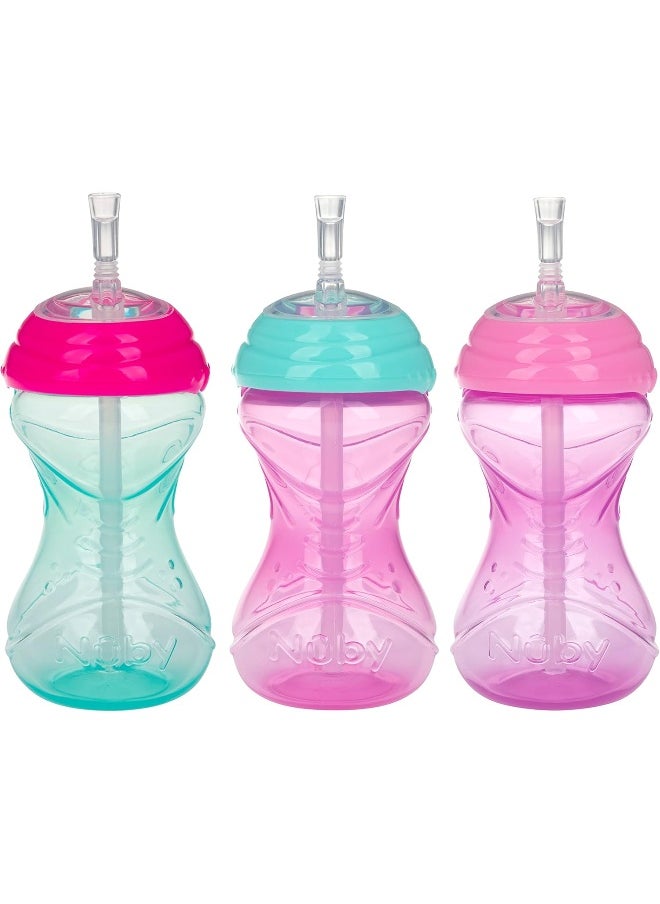 Nuby 3 Piece No-Spill Easy Grip Cup with Flex Straw, Clik It Lock Feature, Girl, 10 Ounce