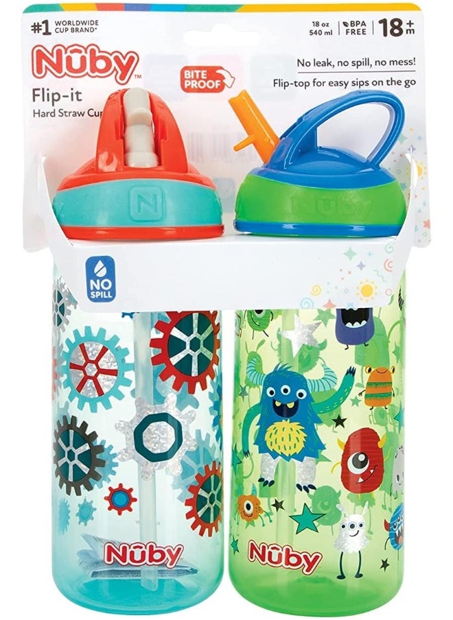 Nuby 2 Pack Iridescent Flip-it Kids On-The-Go Printed Water Bottle with Bite Proof Hard Straw
