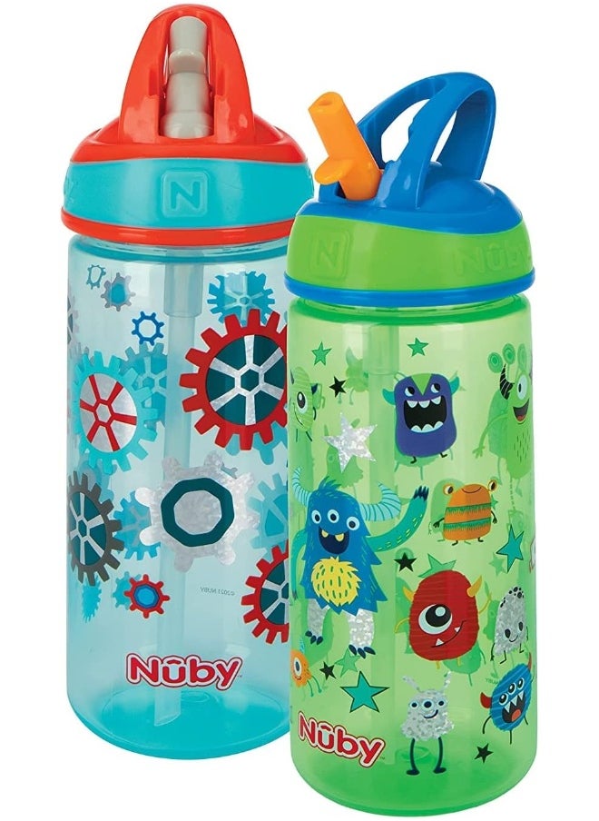 Nuby 2 Pack Iridescent Flip-it Kids On-The-Go Printed Water Bottle with Bite Proof Hard Straw