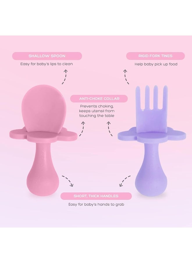 Grabease Baby Spoons Baby Led Weaning Supplies Toddler Forks Feeding, BPA-Free & Phthalate-Free for & Toddler, 2 Sets, Blush and Lavender - Training Utensils - Self Feeding Spoon