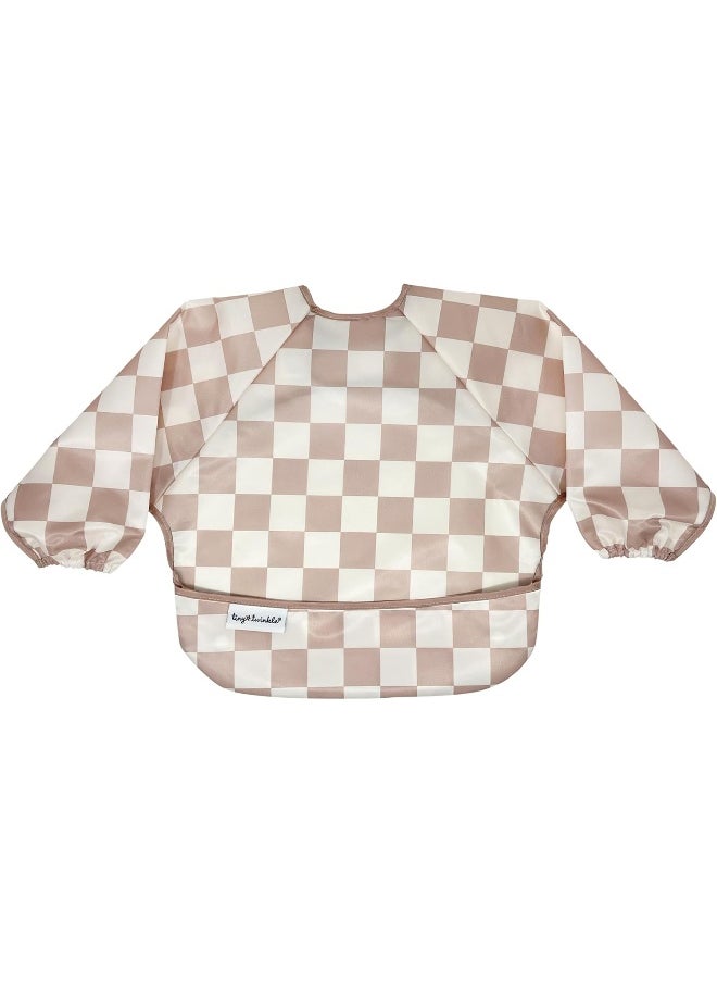 Tiny Twinkle Mess Proof Baby Bib, Cute Full Sleeve Bib Outfit, Waterproof Bibs for Toddlers, Machine Washable, Tug Proof, Baby Smock for Eating, Long Sleeved (Checkers Brown, Small 6-24 Months)