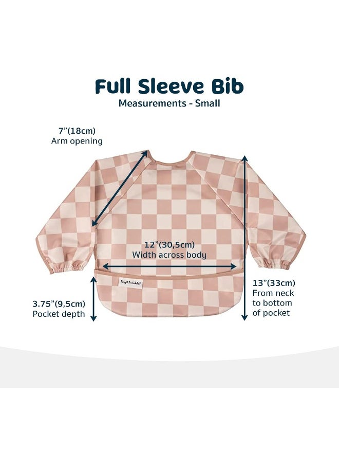 Tiny Twinkle Mess Proof Baby Bib, Cute Full Sleeve Bib Outfit, Waterproof Bibs for Toddlers, Machine Washable, Tug Proof, Baby Smock for Eating, Long Sleeved (Checkers Brown, Small 6-24 Months)