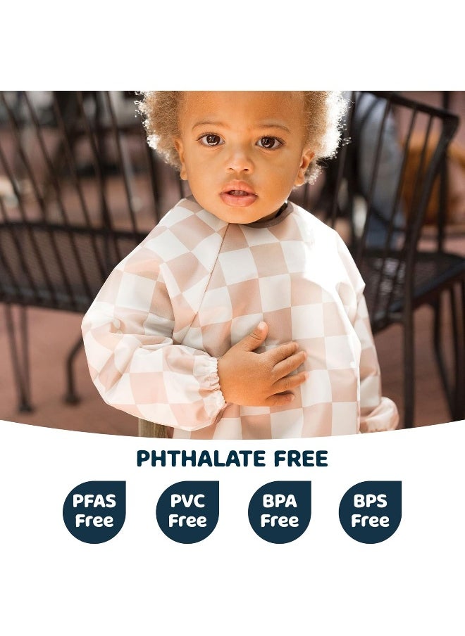 Tiny Twinkle Mess Proof Baby Bib, Cute Full Sleeve Bib Outfit, Waterproof Bibs for Toddlers, Machine Washable, Tug Proof, Baby Smock for Eating, Long Sleeved (Checkers Brown, Small 6-24 Months)