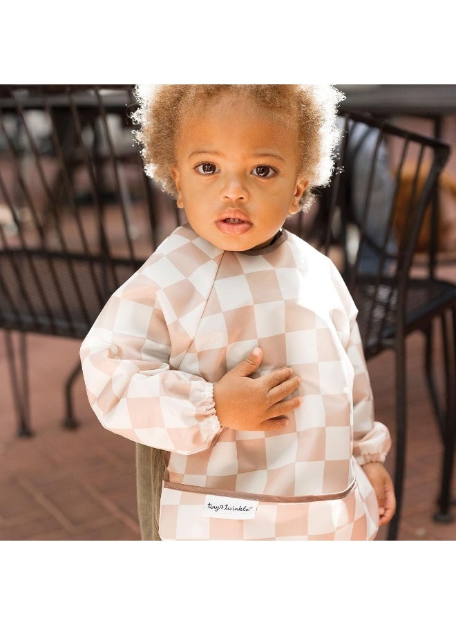 Tiny Twinkle Mess Proof Baby Bib, Cute Full Sleeve Bib Outfit, Waterproof Bibs for Toddlers, Machine Washable, Tug Proof, Baby Smock for Eating, Long Sleeved (Checkers Brown, Small 6-24 Months)