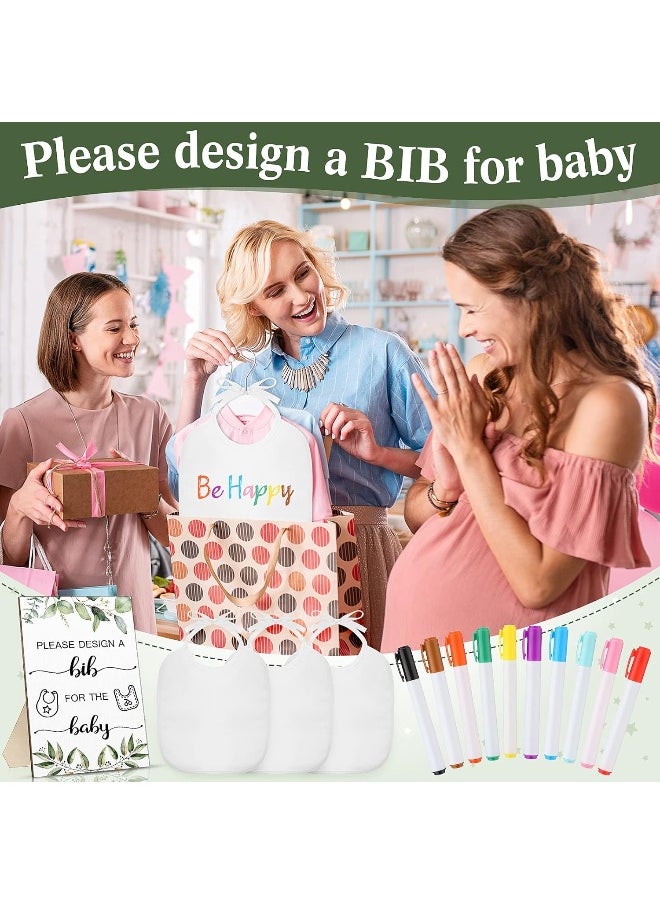 26 Pcs Baby Bibs and Game Set Baby Shower Game Sign 15 White Feeder Bibs 10 Fabric Markers for Gender Reveal