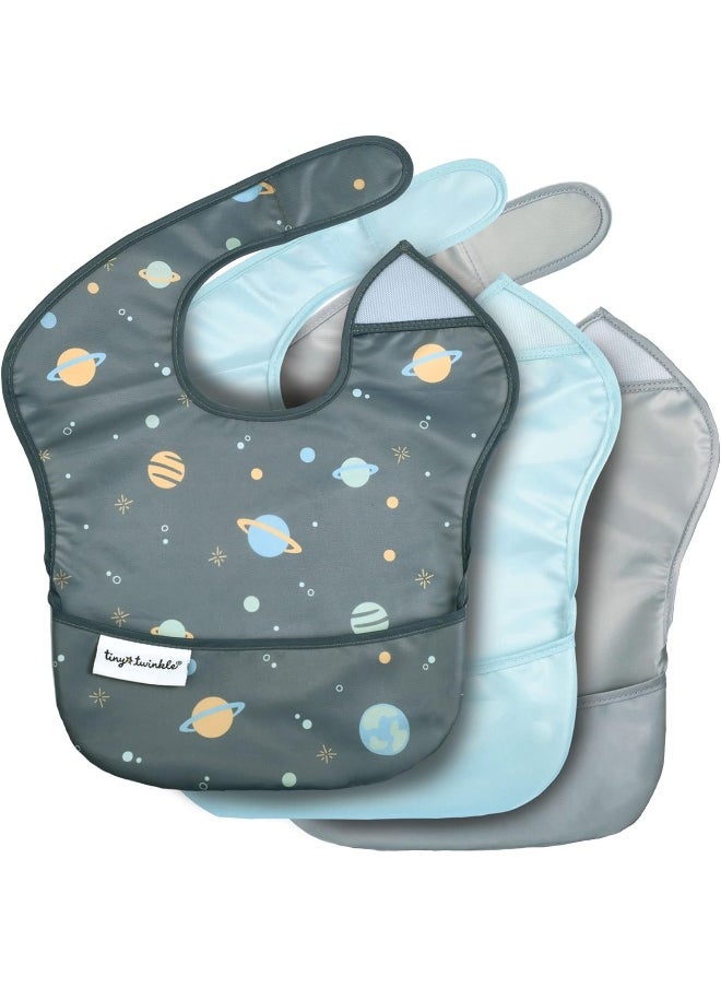 Tiny Twinkle Mess-Proof Baby Bib - Waterproof Bib for Baby Boy or Girl - Machine Washable - Adjustable Closure - PVC, BPA, & Phthalate Free - Great for Travel - Baby Food Bibs (3 Pack, Space)