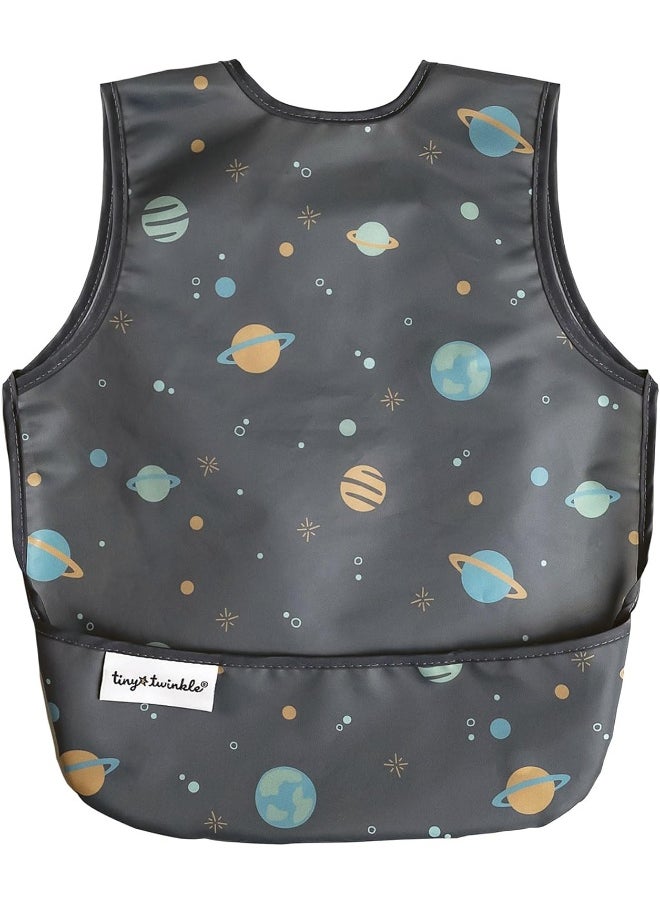 Tiny Twinkle Mess Proof Baby Bib - Waterproof Baby Apron - Machine Washable - PVC, BPA, & Phthalate Free - Great Travel Bib for Baby Eating - Baby Food Bibs (Space, Small 6-24 Months)