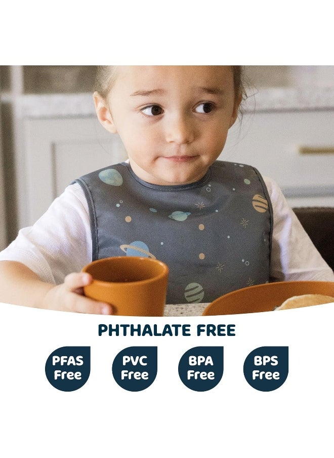 Tiny Twinkle Mess Proof Baby Bib - Waterproof Baby Apron - Machine Washable - PVC, BPA, & Phthalate Free - Great Travel Bib for Baby Eating - Baby Food Bibs (Space, Small 6-24 Months)