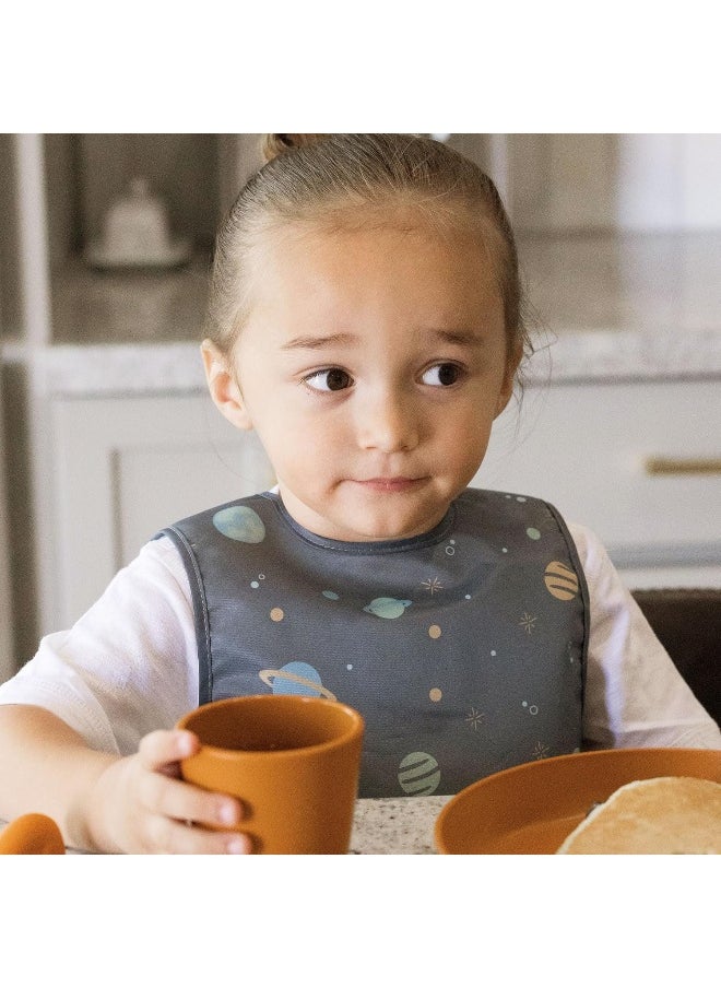 Tiny Twinkle Mess Proof Baby Bib - Waterproof Baby Apron - Machine Washable - PVC, BPA, & Phthalate Free - Great Travel Bib for Baby Eating - Baby Food Bibs (Space, Small 6-24 Months)
