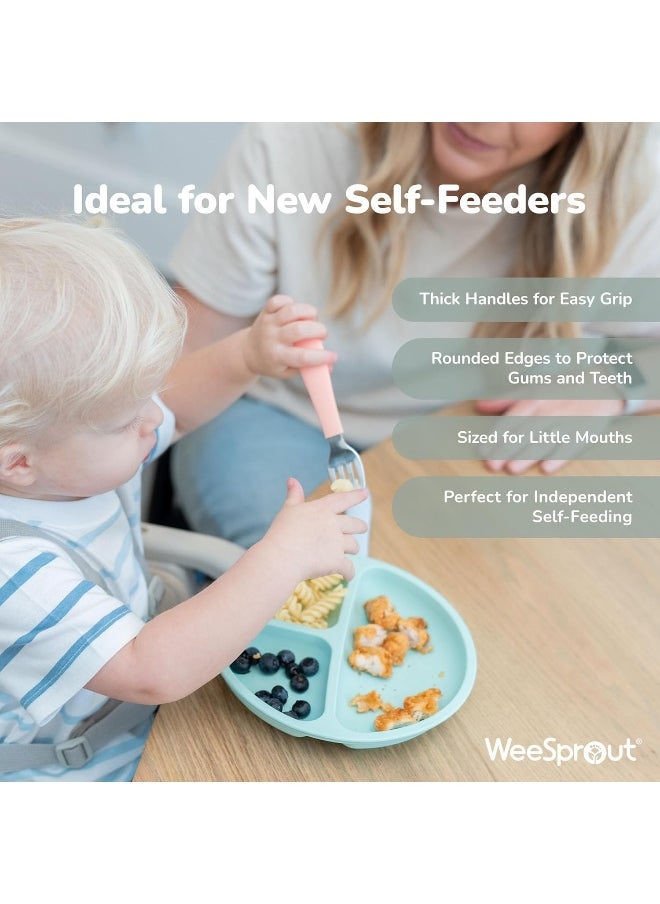 WeeSprout Toddler Utensils, 3 Forks & 3 Spoons, 18/8 Stainless Steel & Food Grade Silicone, Thick Easy-Grip Handles, Perfect Length For New Self Feeders, Gentle On Gums & Teeth, Dishwasher Safe