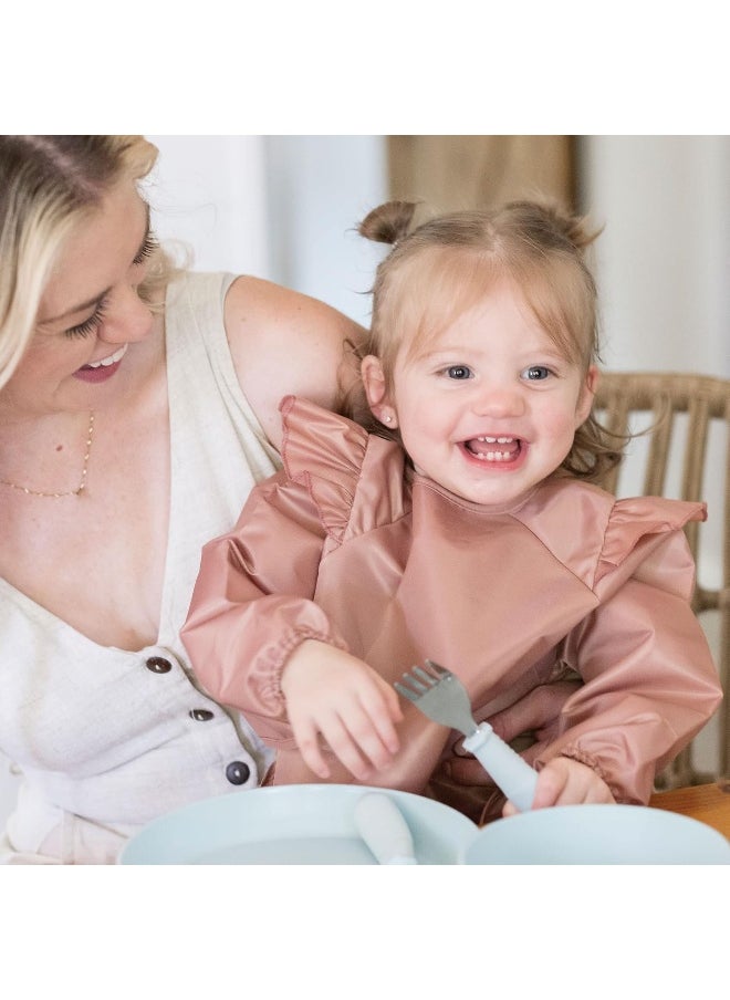 Tiny Twinkle Mess Proof Baby Bib, Cute Full Sleeve Bib Outfit, Waterproof Bibs for Toddlers, Machine Washable, Tug Proof Closure, Baby Smock for Eating, Long Sleeved (Taupe, Small 6-24 Months)