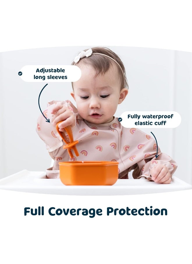 Tiny Twinkle Mess Proof Baby Bib, Cute Full Sleeve Bib Outfit, Waterproof Bibs for Toddlers, Machine Washable, Tug Proof Closure, Baby Smock for Eating, Long Sleeved (Taupe, Small 6-24 Months)