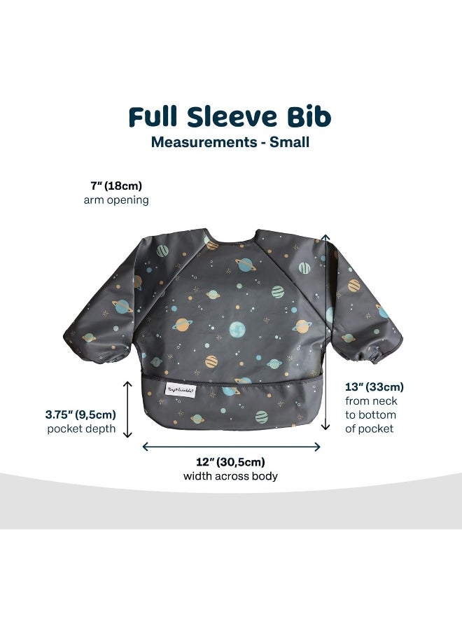 Tiny Twinkle Mess Proof Baby Bib, Cute Full Sleeve Bib Outfit, Waterproof Bibs for Toddlers, Machine Washable, Tug Proof Closure, Baby Smock for Eating, Long Sleeved (Space, Small 6-24 Months)