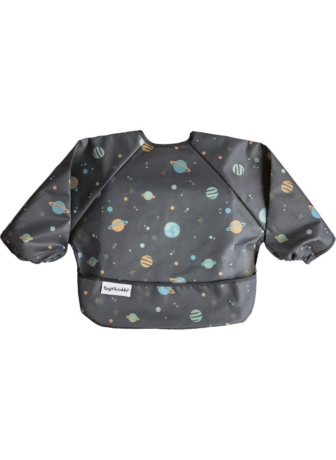 Tiny Twinkle Mess Proof Baby Bib, Cute Full Sleeve Bib Outfit, Waterproof Bibs for Toddlers, Machine Washable, Tug Proof Closure, Baby Smock for Eating, Long Sleeved (Space, Small 6-24 Months)