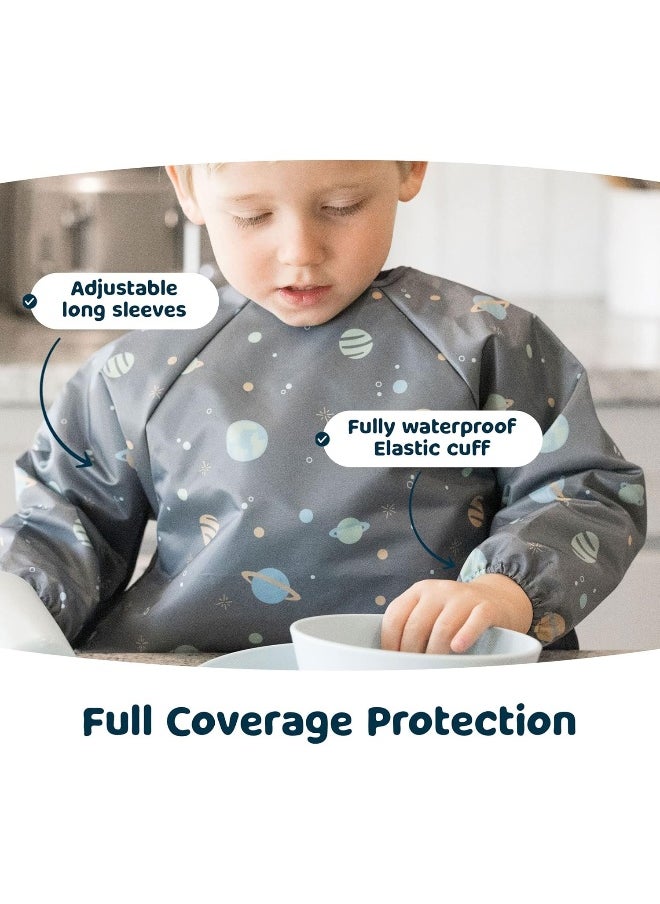 Tiny Twinkle Mess Proof Baby Bib, Cute Full Sleeve Bib Outfit, Waterproof Bibs for Toddlers, Machine Washable, Tug Proof Closure, Baby Smock for Eating, Long Sleeved (Space, Small 6-24 Months)
