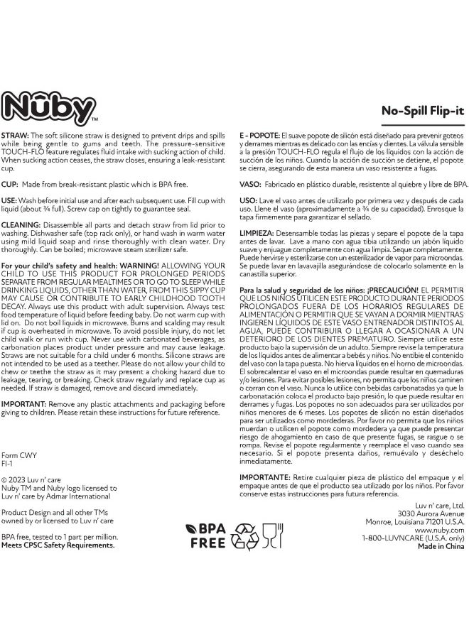 Nuby Thirsty Kids No-Spill Flip-it Printed Boost Cup with Thin Soft Straw - 12oz, 18+ Months, 1 Pack Print May Vary