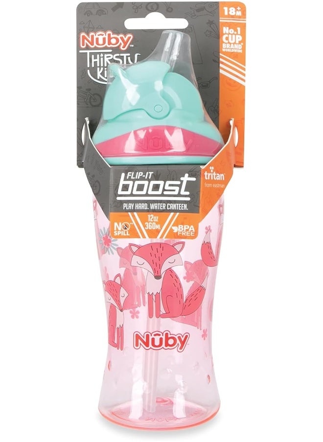 Nuby Thirsty Kids No-Spill Flip-it Printed Boost Cup with Thin Soft Straw - 12oz, 18+ Months, 1 Pack Print May Vary