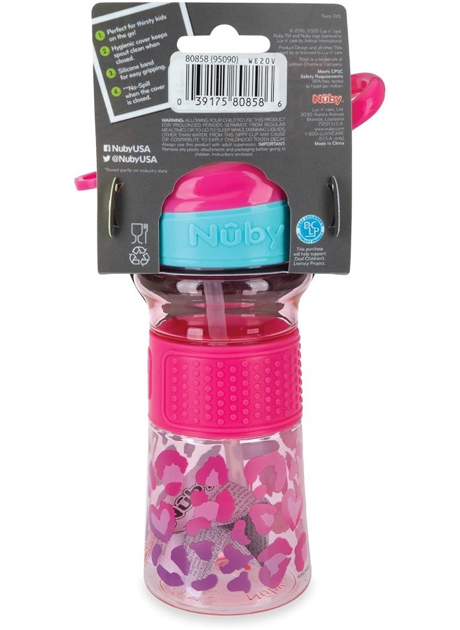 Nuby Thirsty Kids No Spill Flip-It Reflex Tritan Travel Cup with Soft Silicone Spout, 12 Oz, Pink Leopard