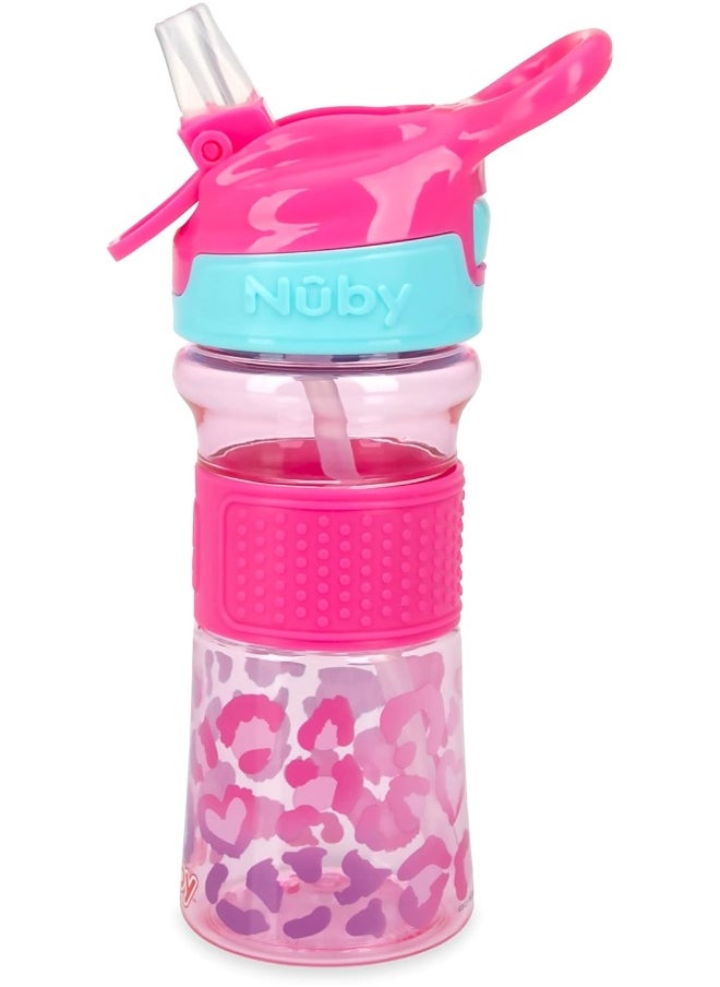 Nuby Thirsty Kids No Spill Flip-It Reflex Tritan Travel Cup with Soft Silicone Spout, 12 Oz, Pink Leopard