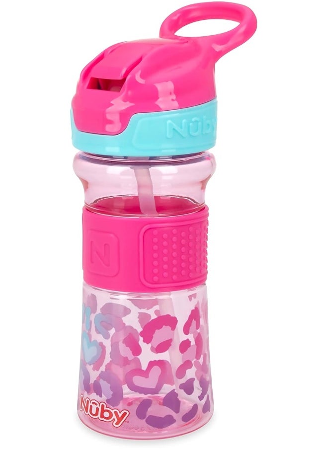 Nuby Thirsty Kids No Spill Flip-It Reflex Tritan Travel Cup with Soft Silicone Spout, 12 Oz, Pink Leopard