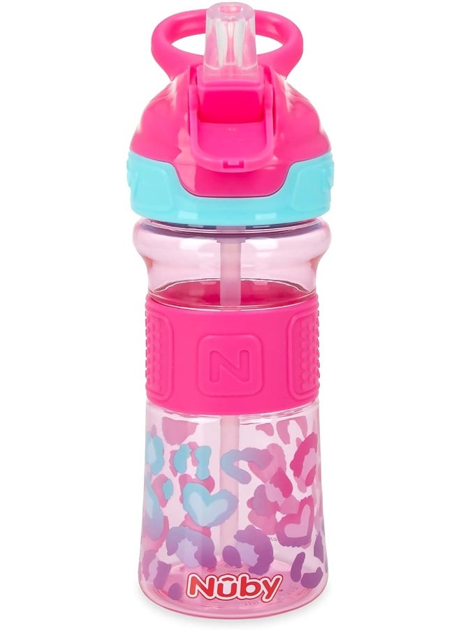 Nuby Thirsty Kids No Spill Flip-It Reflex Tritan Travel Cup with Soft Silicone Spout, 12 Oz, Pink Leopard