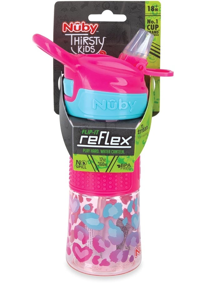 Nuby Thirsty Kids No Spill Flip-It Reflex Tritan Travel Cup with Soft Silicone Spout, 12 Oz, Pink Leopard