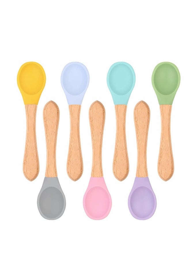 Baby Spoon, 7 Pcs Baby Feeding Spoons with Soft Curved Silicone Tips, Bamboo Natural Safe Weaning Feeding Spoons, BPA-Free, Safe Utensils for Toddlers Kids Infants, for Toddler Self Feeding Training
