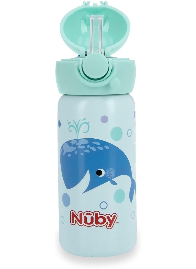 Nuby Thirsty Kids No Spill Flip-It Active Stainless Steel Travel Cup, 14 Oz, Whale