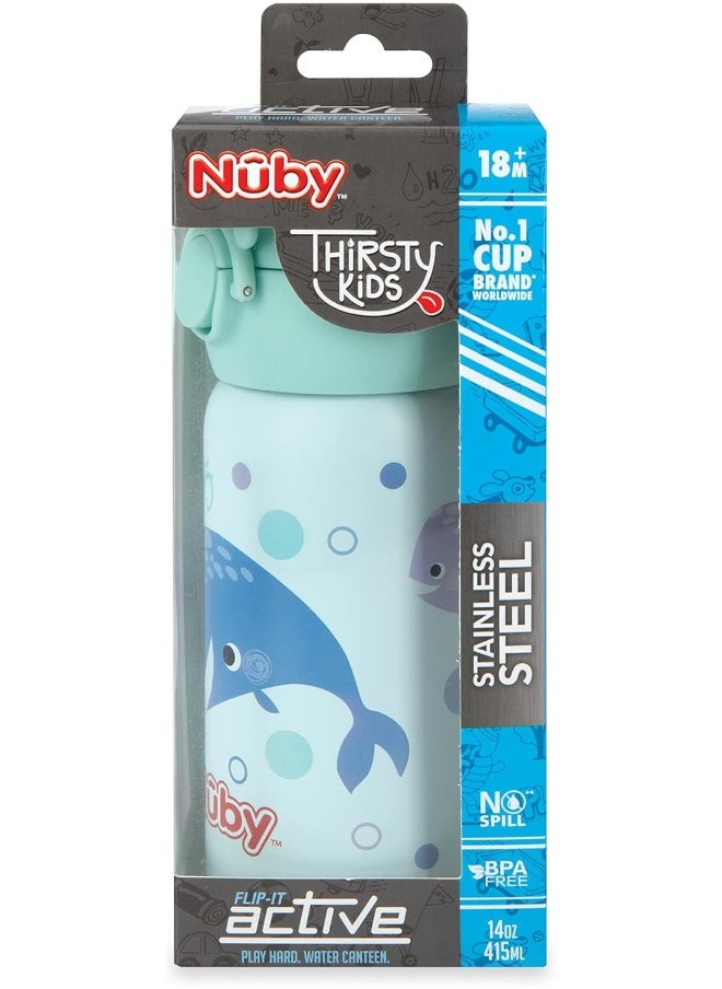 Nuby Thirsty Kids No Spill Flip-It Active Stainless Steel Travel Cup, 14 Oz, Whale