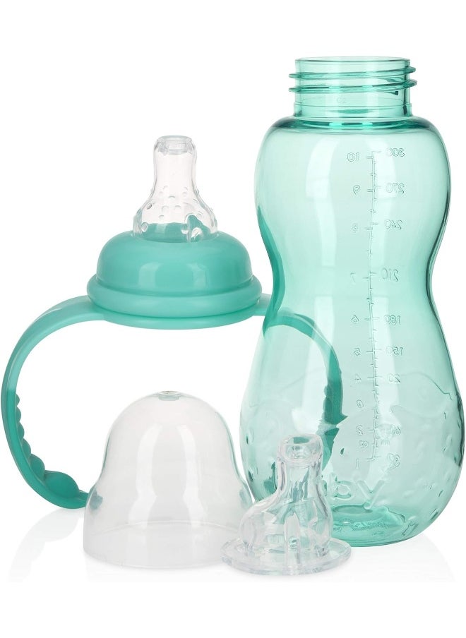 Nuby New 3 Stage Ultra Durable Tritan Grow with Me No-Spill Bottle to Cup, 10 Oz, Teal, 80387