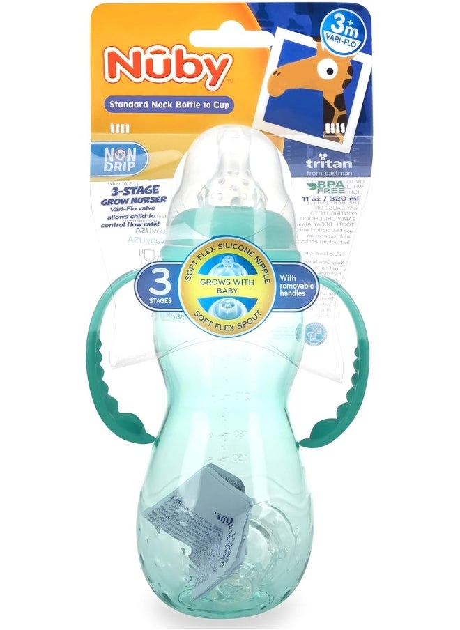 Nuby New 3 Stage Ultra Durable Tritan Grow with Me No-Spill Bottle to Cup, 10 Oz, Teal, 80387