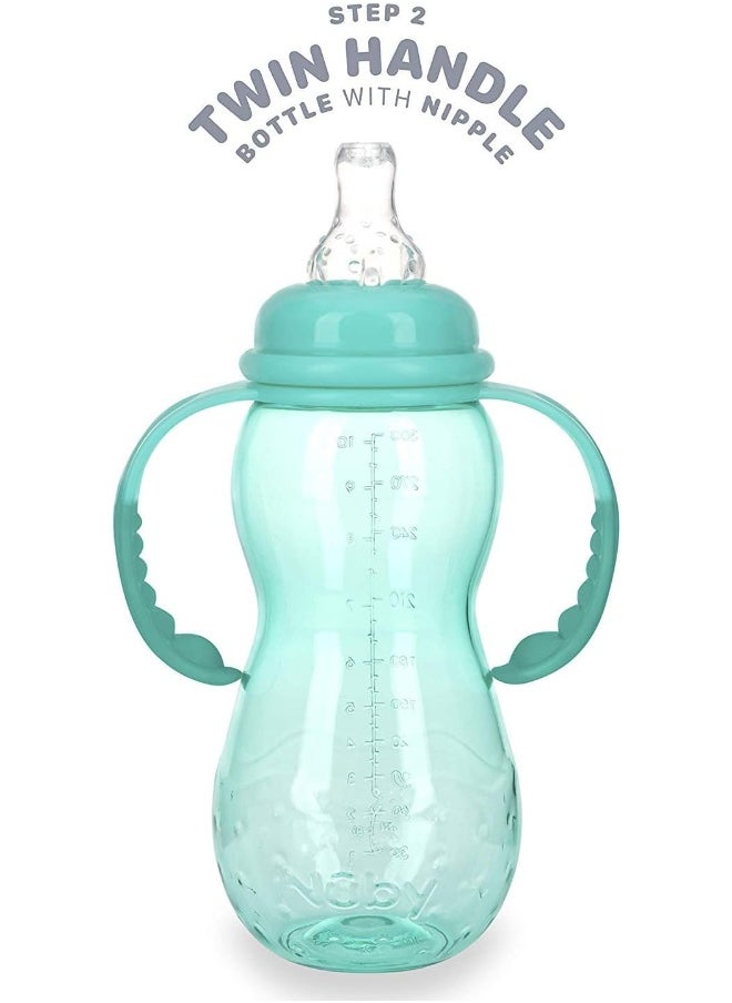Nuby New 3 Stage Ultra Durable Tritan Grow with Me No-Spill Bottle to Cup, 10 Oz, Teal, 80387