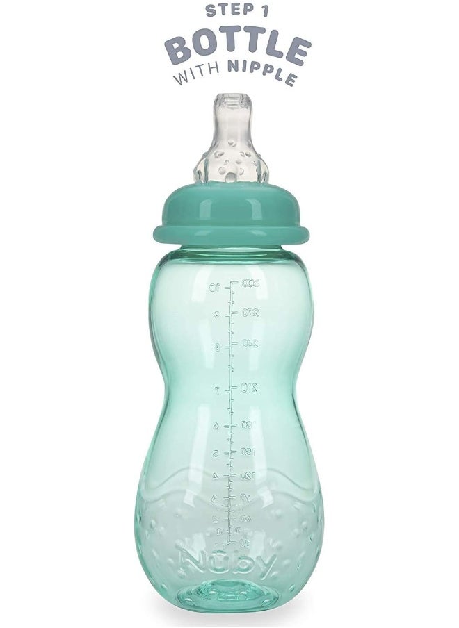 Nuby New 3 Stage Ultra Durable Tritan Grow with Me No-Spill Bottle to Cup, 10 Oz, Teal, 80387