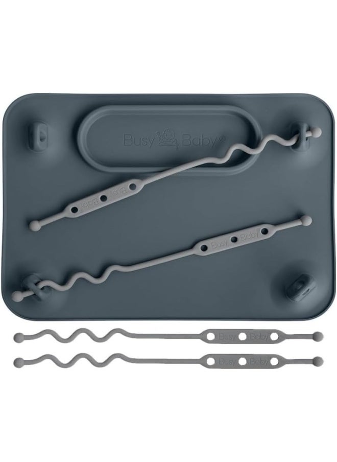 BUSY BABY MAT | Silicone Suction Placemat for Babies & Toddlers with 4 Adjustable Tethers to Attach Toys | Keep Toys Off The Floor, Dishwasher Safe, BPA Free | Includes Travel Sleeve (Pewter)