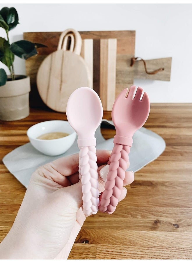 Itzy Ritzy Silicone Spoon & Fork Set; Baby Utensils Featuring a Baby Fork and Spoon with Looped, Braided Handles - Made of 100% Food Grade Silicone & BPA-Free - Ages 6 Months and Up (Pink)