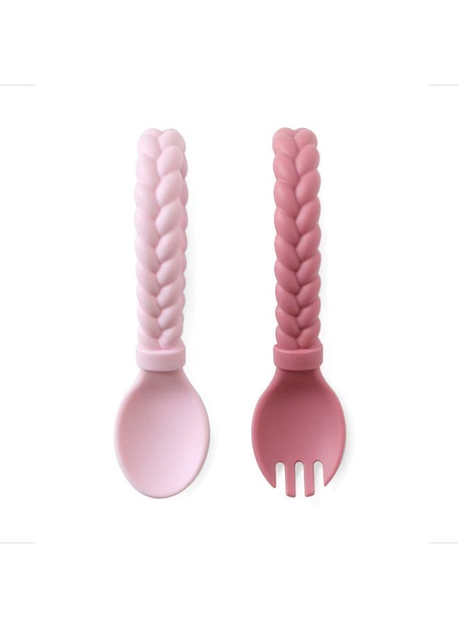 Itzy Ritzy Silicone Spoon & Fork Set; Baby Utensils Featuring a Baby Fork and Spoon with Looped, Braided Handles - Made of 100% Food Grade Silicone & BPA-Free - Ages 6 Months and Up (Pink)