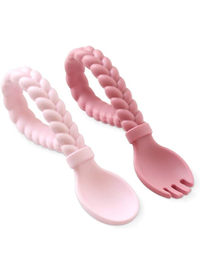 Itzy Ritzy Silicone Spoon & Fork Set; Baby Utensils Featuring a Baby Fork and Spoon with Looped, Braided Handles - Made of 100% Food Grade Silicone & BPA-Free - Ages 6 Months and Up (Pink)