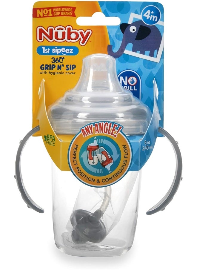 Nuby Twin Handle 360 Grip N' Sip 8oz Tritan Cup with Hygienic Cover, Grey,1 Count (Pack of 1)