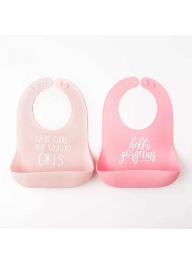 Bella Tunno Wonder Bib 2pk - Adjustable Silicone Baby Bibs for Girls & Boys, Durable and Waterproof BPA Free Silicone, Run The World & Hello Gorgeous