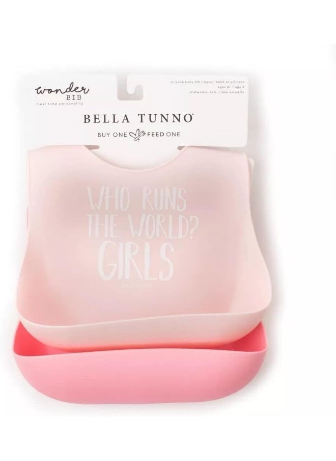 Bella Tunno Wonder Bib 2pk - Adjustable Silicone Baby Bibs for Girls & Boys, Durable and Waterproof BPA Free Silicone, Run The World & Hello Gorgeous