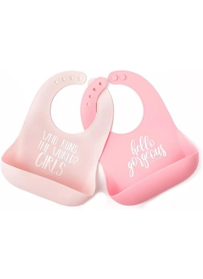 Bella Tunno Wonder Bib 2pk - Adjustable Silicone Baby Bibs for Girls & Boys, Durable and Waterproof BPA Free Silicone, Run The World & Hello Gorgeous