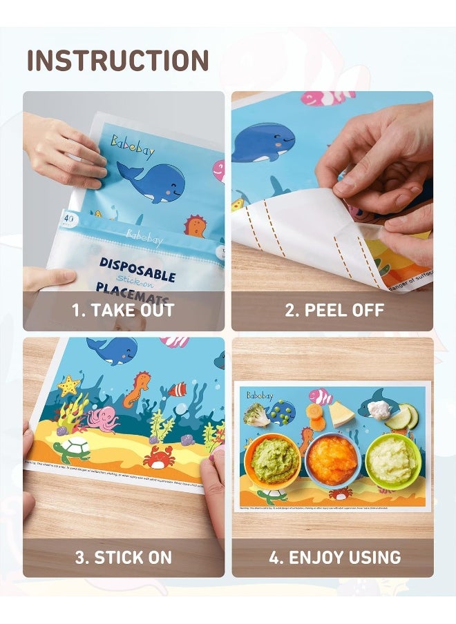 Babebay Disposable Stick-on Placemats 40 Pack for Baby & Kids, Toddler Placemats in Reusable Pouch 12